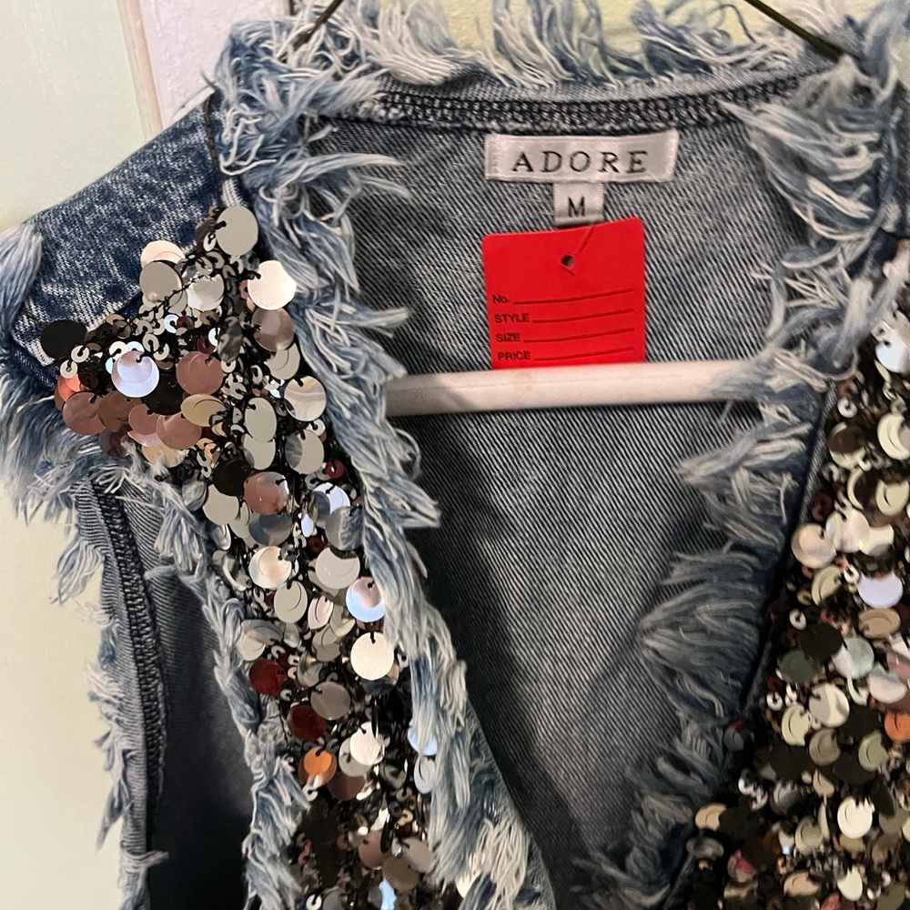 Adore Frayed Denim Vest with Sequins - Picture 3 of 4